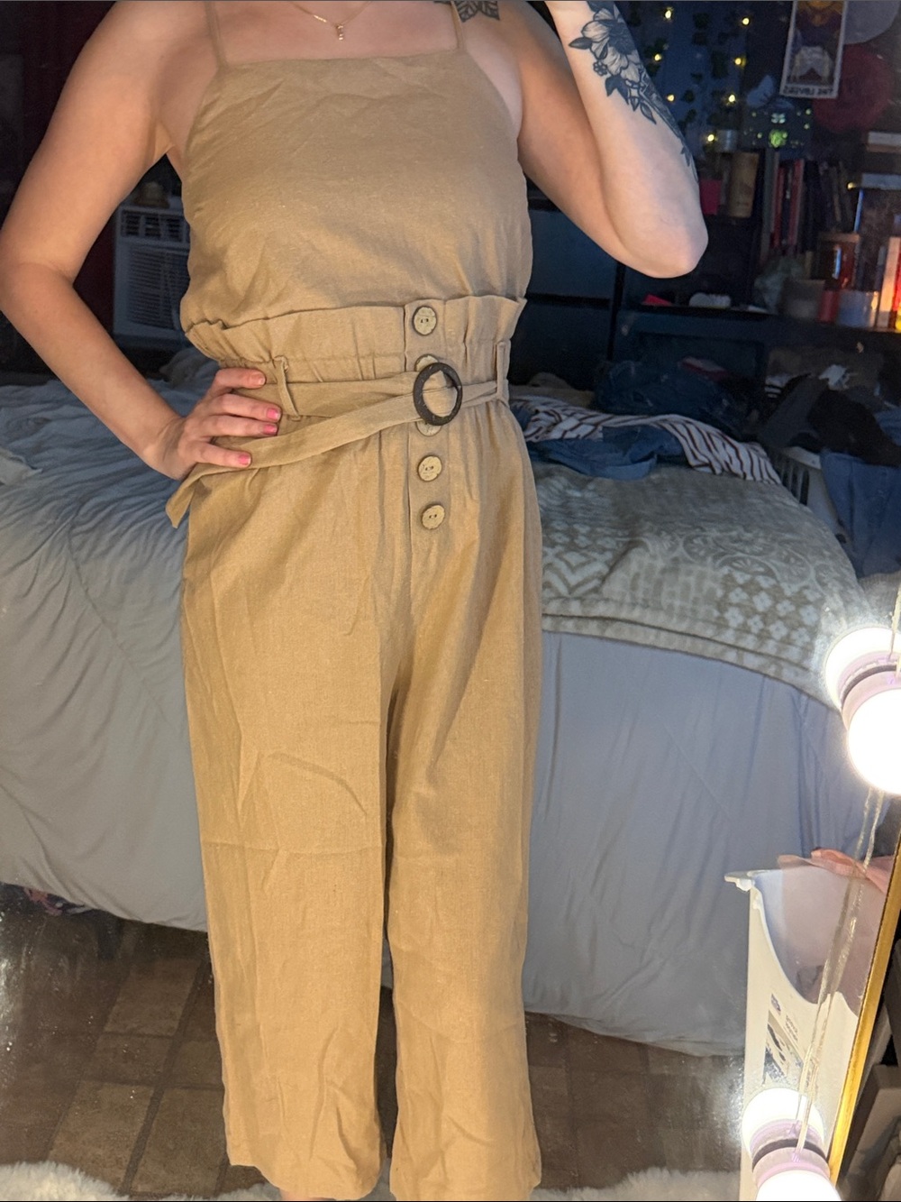 Women's Tan Belted Wide-Leg Jumpsuit